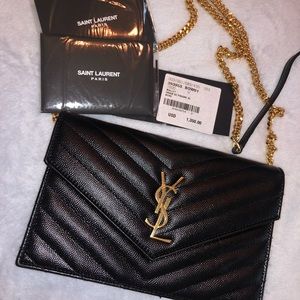YSL Envelope Chain Wallet in Grain de Poudre